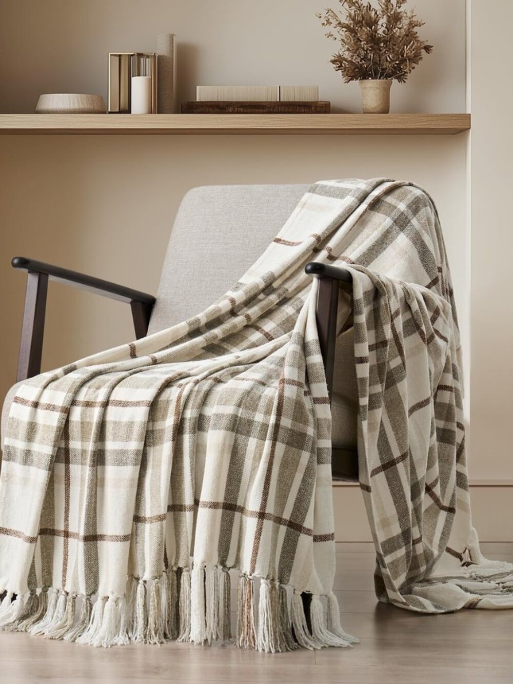 Plaid Chenille Knit Throw Blanket for Couch, 50"x60", Beige